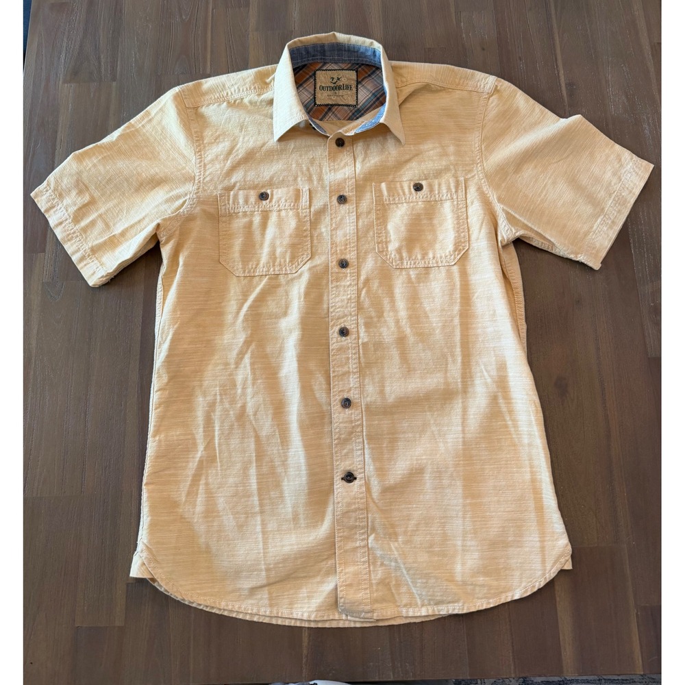 Outdoor Life Mens Yellow Slub Cotton Short Sleeve Button Down Shirt Pockets